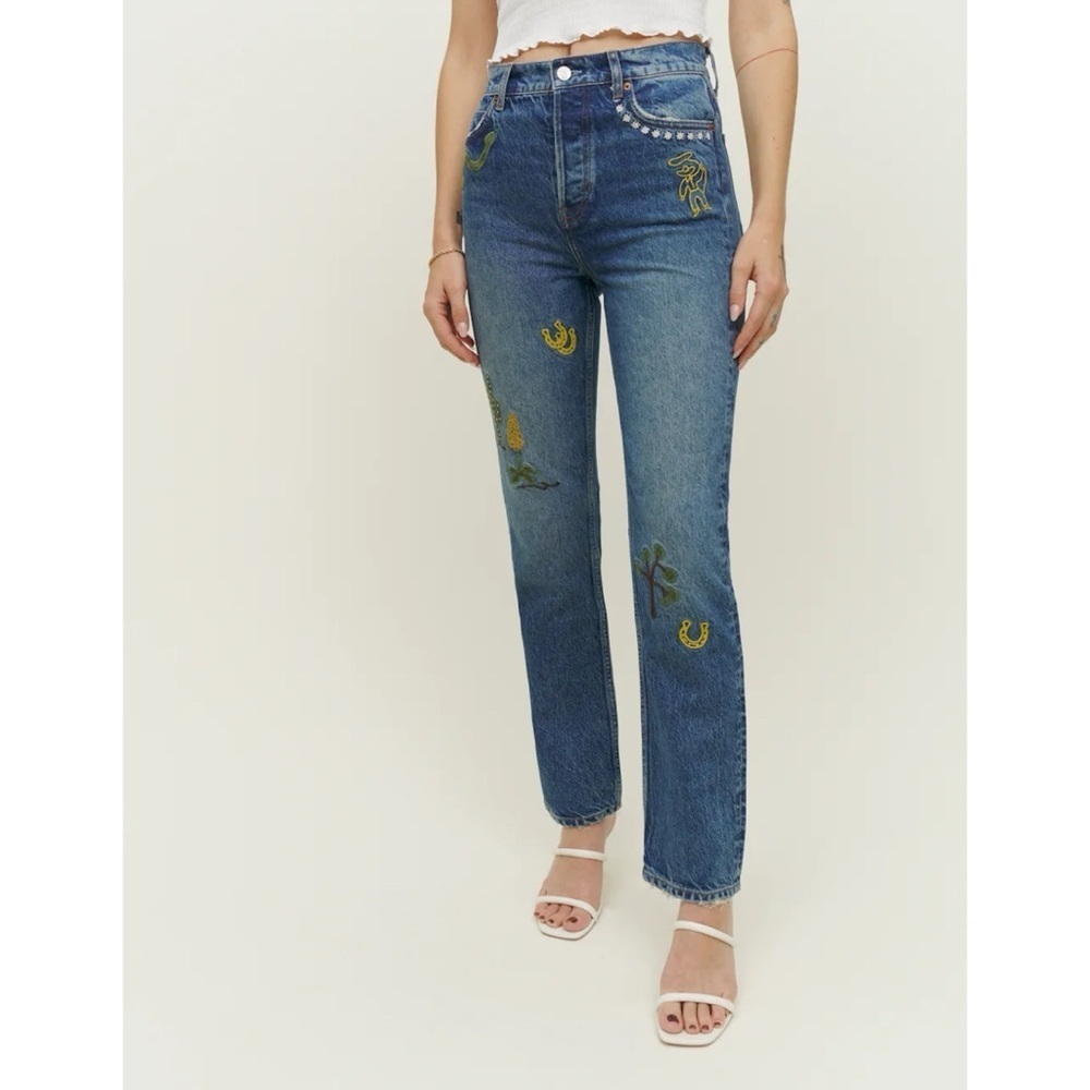 Reformation Handicraft Embroidered High-Rise Straight-Leg Jeans 27